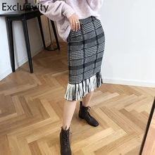 Новая жаккардовая шерстяная юбка, вязаная юбка с кисточками, женская осенняя и зимняя юбка