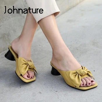 

Johnature 2020 New Summer Slippers Genuine Leather Women Shoes Butterfly-knot Slides Outside Wear Concise Casual Ladies Slippers