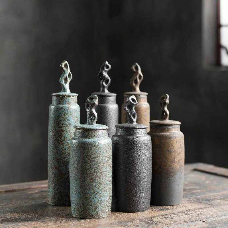 Chinese Stoneware Sealed Tea Caddy Storage Jar Long Tube Hollow Coral Cover Cylindrical Kitchen Canisters Set Tea Organizer