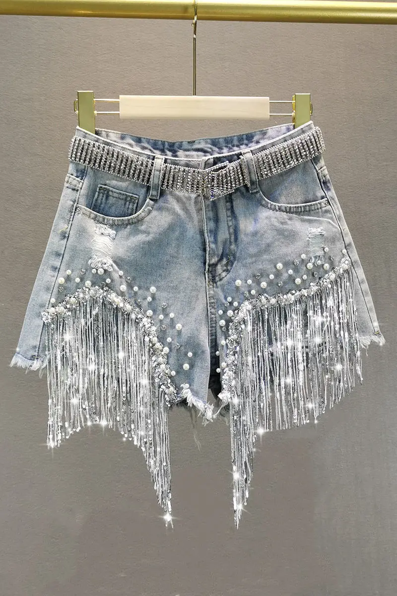 Elegant Tassel Beading High Waist Wide Leg Denim Shorts