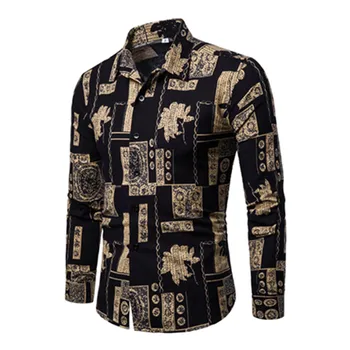 

2020 New Men Shirts Long Sleeves Casual Slim Fit Plus Size Fashion Gold Printed Dress Shirts Male Spring Summer Tops Clothing