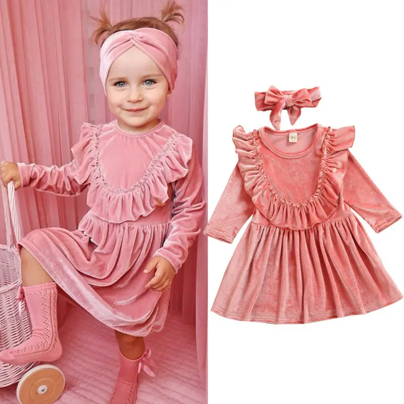 Осеннее розовое бархатное платье для маленьких девочек праздничное платье-пачка принцессы с длинными рукавами и оборками
