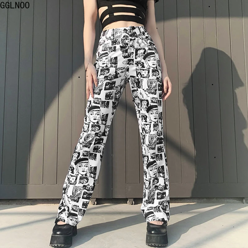 GGLNOO Streetwear Gothic Comic Print Black Pants Y2K Goth High Waist Flared Pants Harajuku Punk Fashion Women Pocket Trousers pants