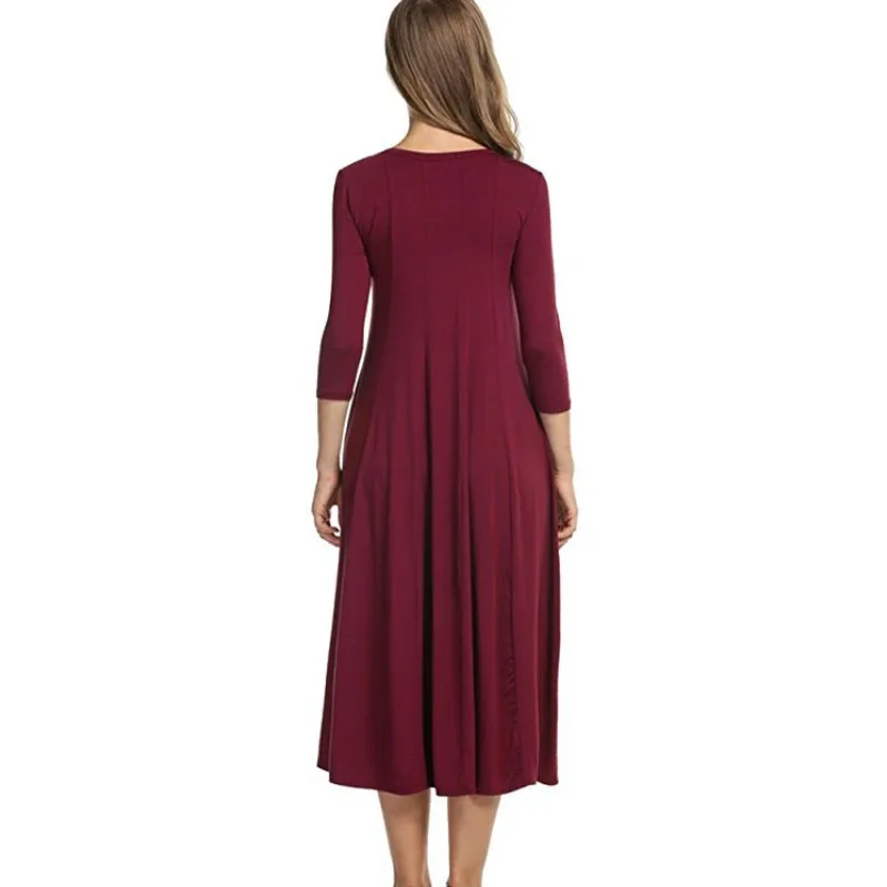Осеннее повседневное однотонное женское платье с рукавом три четверти и круглым вырезом, длинные платья, простое, плюс размер, тонкое женское платье Vestidos