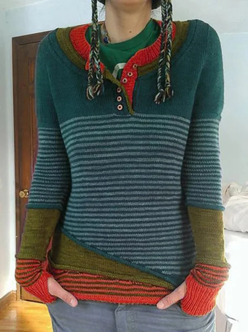 Свитер с цветными блоками, женские свитера, с полуперчатками, джемперы с длинным рукавом, вязаный полосатый свитер, пуловер для женщин