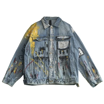 

National Tide High Street retro graffiti letter denim autumn winter men and women baggy jacket lovers do old denim coat BF