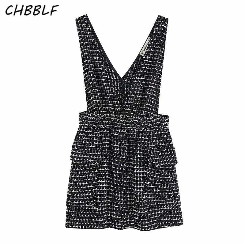 CHBBLF женское Ретро твидовое мини-платье с v-образным вырезом, без рукавов, с карманами, женские повседневные винтажные платья трапециевидной формы, vestidos BGB9661