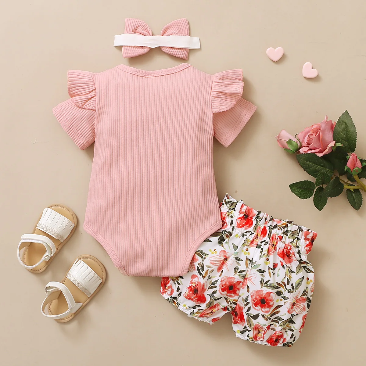 3Pcs Newborn Summer Baby Girls Clothes Set Toddler Button Romper New Born Infant Cute Outfit Ruffle Short Sleeve Shorts Headband newborn baby clothing set