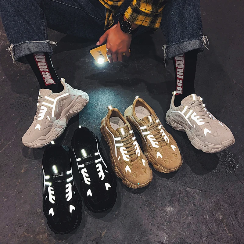 

Ins super fire men's shoes net red shoes fluorescent reflective strips thickening increased Japanese Harajuku sneakers bf old sh