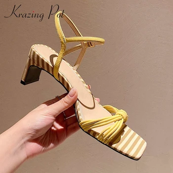 

Krazing pot narrow band new full grain leather mixed colors square toe women summer sandals buckle straps high strange heel L56