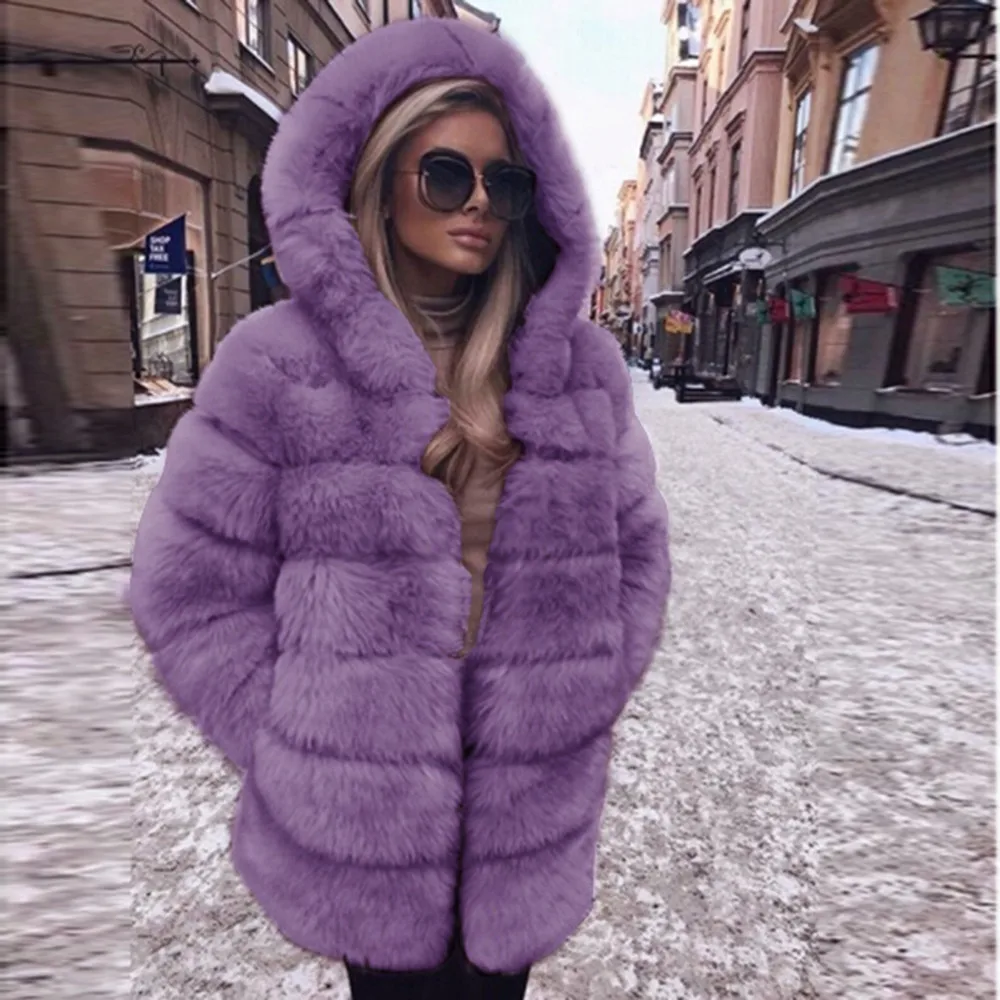 Winter warm Plush Faux Fur Coat Women fashion Hooded Autumn Winter Warm Overcoat High Quality Women Thick Faux fur Coat - Color: Purple