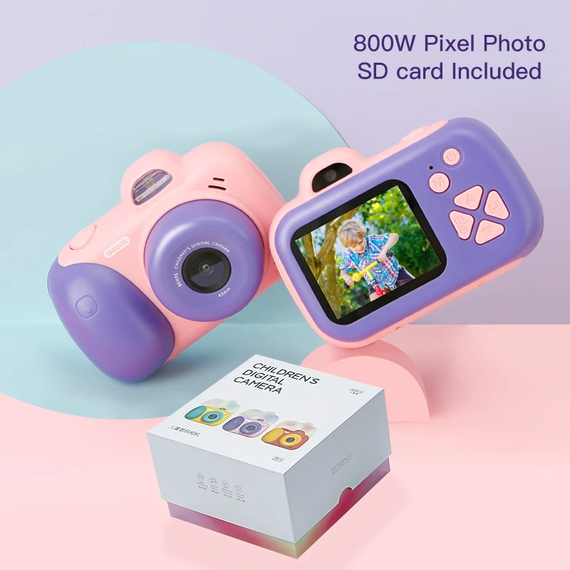 Beiens детская камера, цифровая игрушка для детей, 800 Вт, пиксель, игрушки для малышей, камера, 2 дюйма, ips экран, развивающие игрушки, рождественские подарки - Цвет: purple-pink