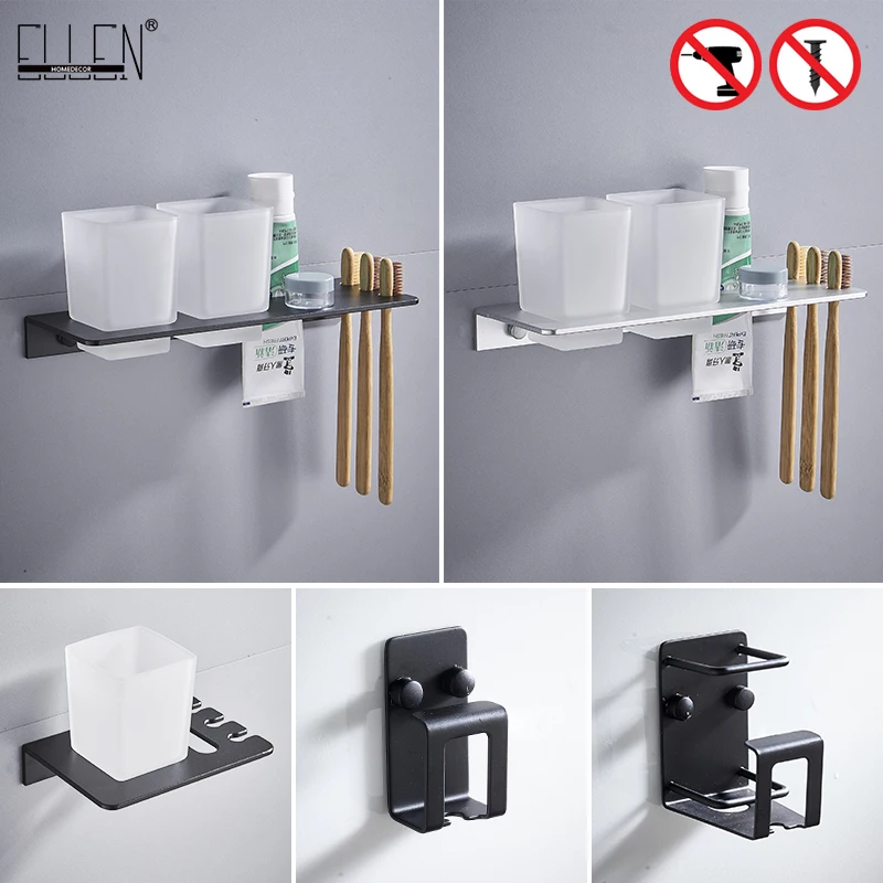 ELLEN Self-adhesive Bathroom Cup Holder Black Toothbrush Holder Bathroom Accessories Metal Wall Cup ML6037