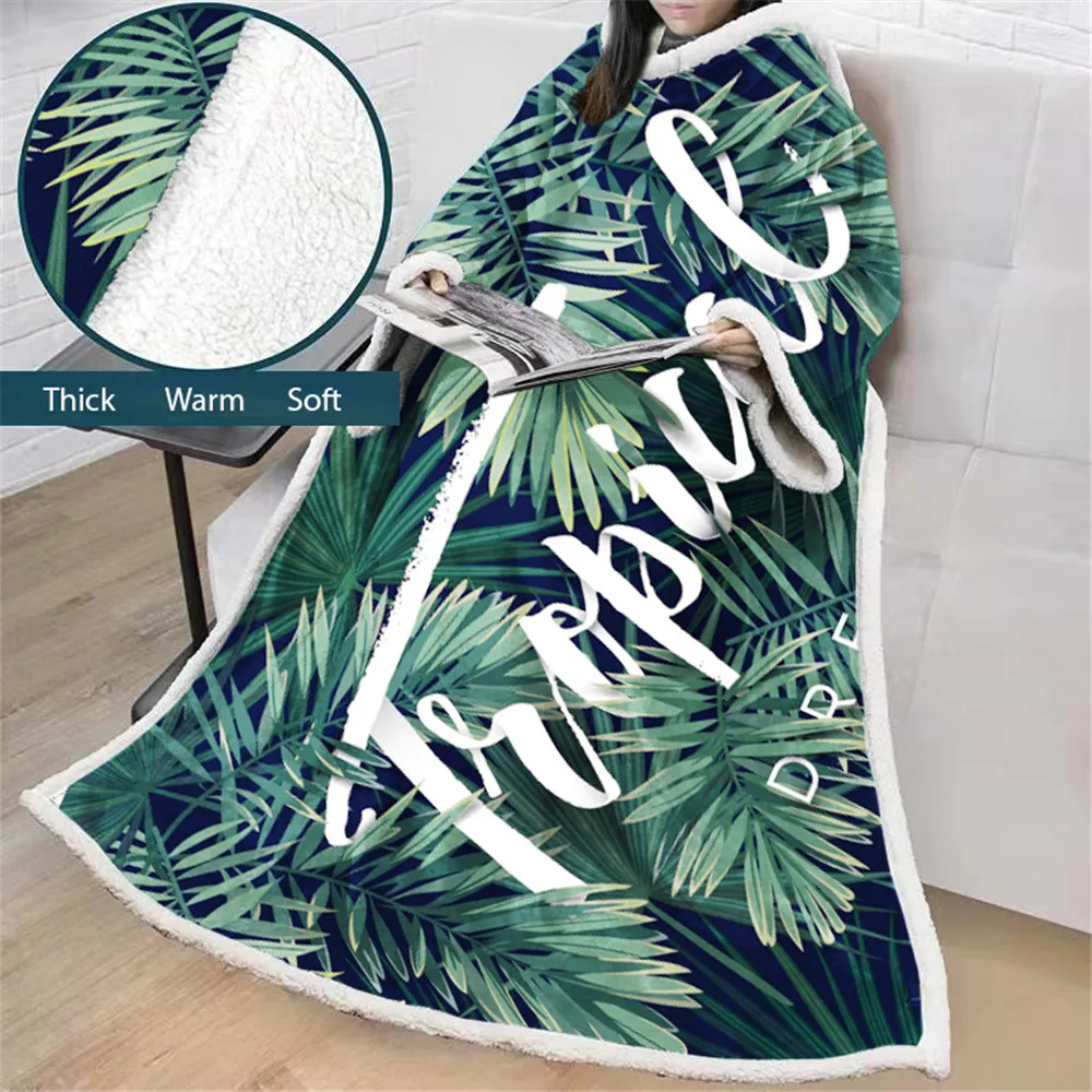 Листья зеленые одеяла шляпы диван уютные одеяла согревают мягкий белый низ мода стиль одеяла с рукавом