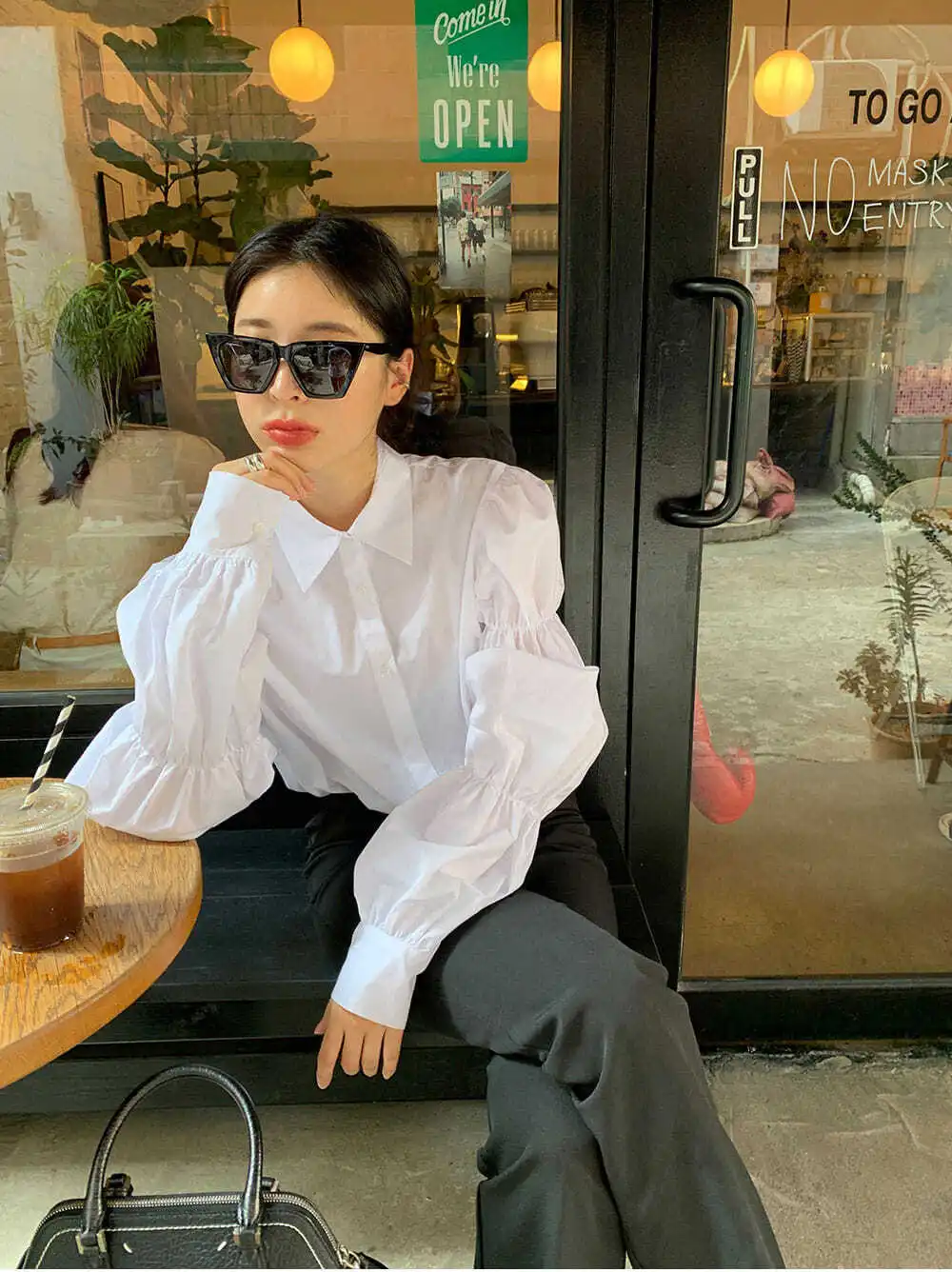 Shirts Women Puff Sleeve Folds Design Korean Style Solid