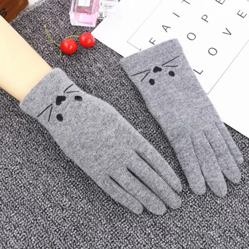 

Women Winter Warm Thin Wool Touch Screen Driving Glove Female Cute Cat Embroidery Full Finger Elastic Nonslip Cycling Mitten E14