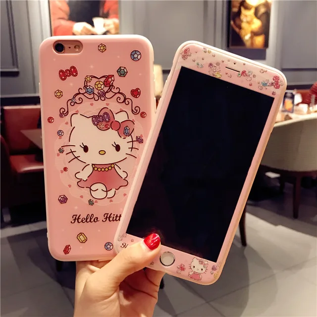 2 360 Мягкая задняя крышка с милым мультяшным котом Китти для iPhone XR Caase XS Max X 8 7 6 6s Plus чехол для телефона+ Защитная пленка из закаленного стекла - Цвет: 2