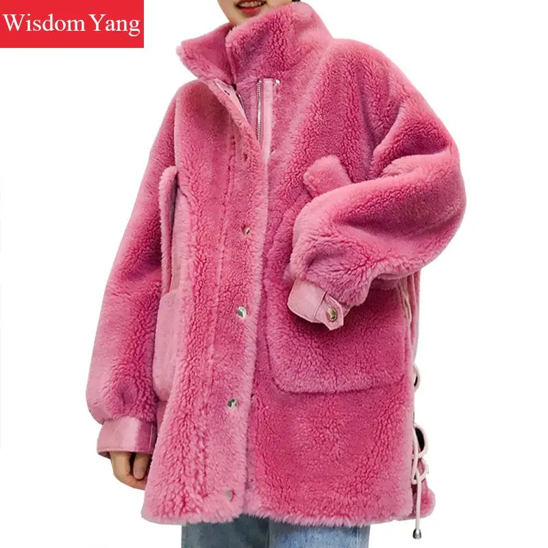 

Winter Warm cashmere Coats Jackets Woollen Elegant Pink Blue Red White Womens Sheep Wool Clothing Overcoat Coat Korean Outerwear
