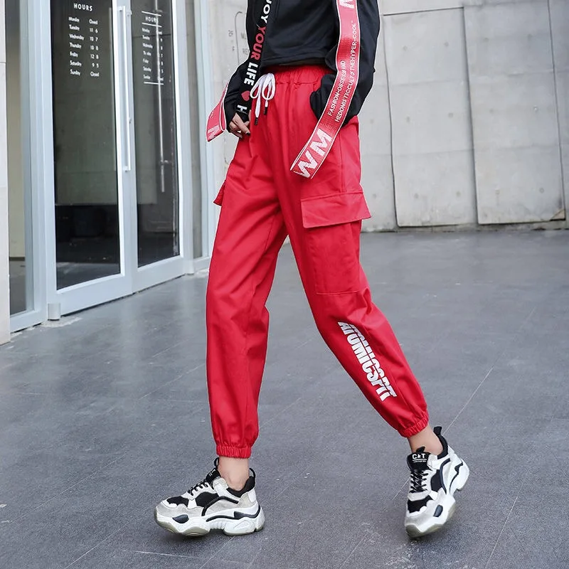 

Big Pockets Harajuku Joggers Women SweatPants Red Korean Trousers High Waist Cargo Pants Women Streetwear Casual Pant Femme