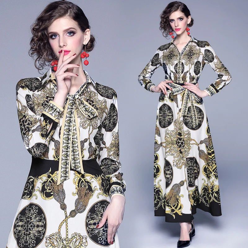 

Photo Shoot 2019 Europe And America Autumn New Style V-neck Palace Retro Printed Big Hemline Long-sleeved Dress