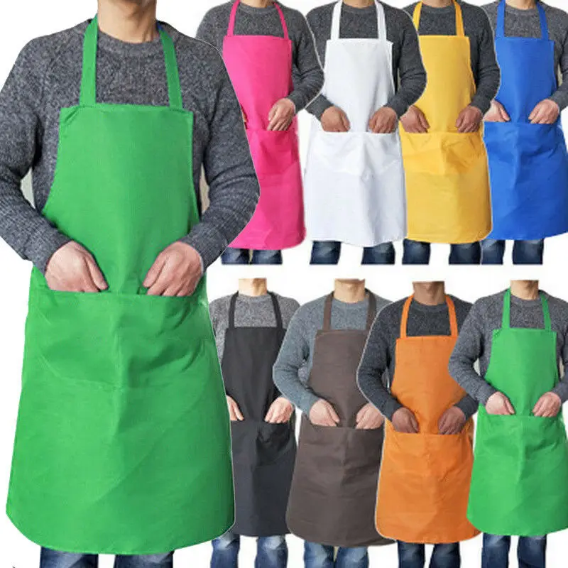 6 Colors Plain Bib Apron Dress Men Women Chefs Kitchen Cooking Baking +Pocket