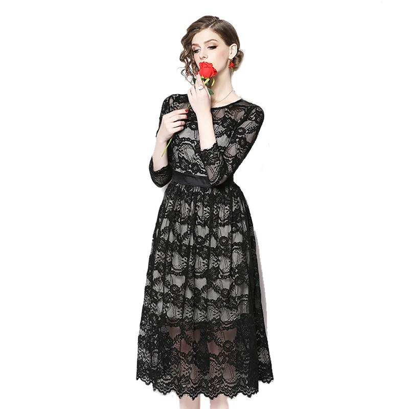 TAOYIZHUAI high street style миди кружевное платье трапециевидной формы с завышенной талией, с круглым вырезом, Расклешенным рукавом, длиной до колена, вечернее платье