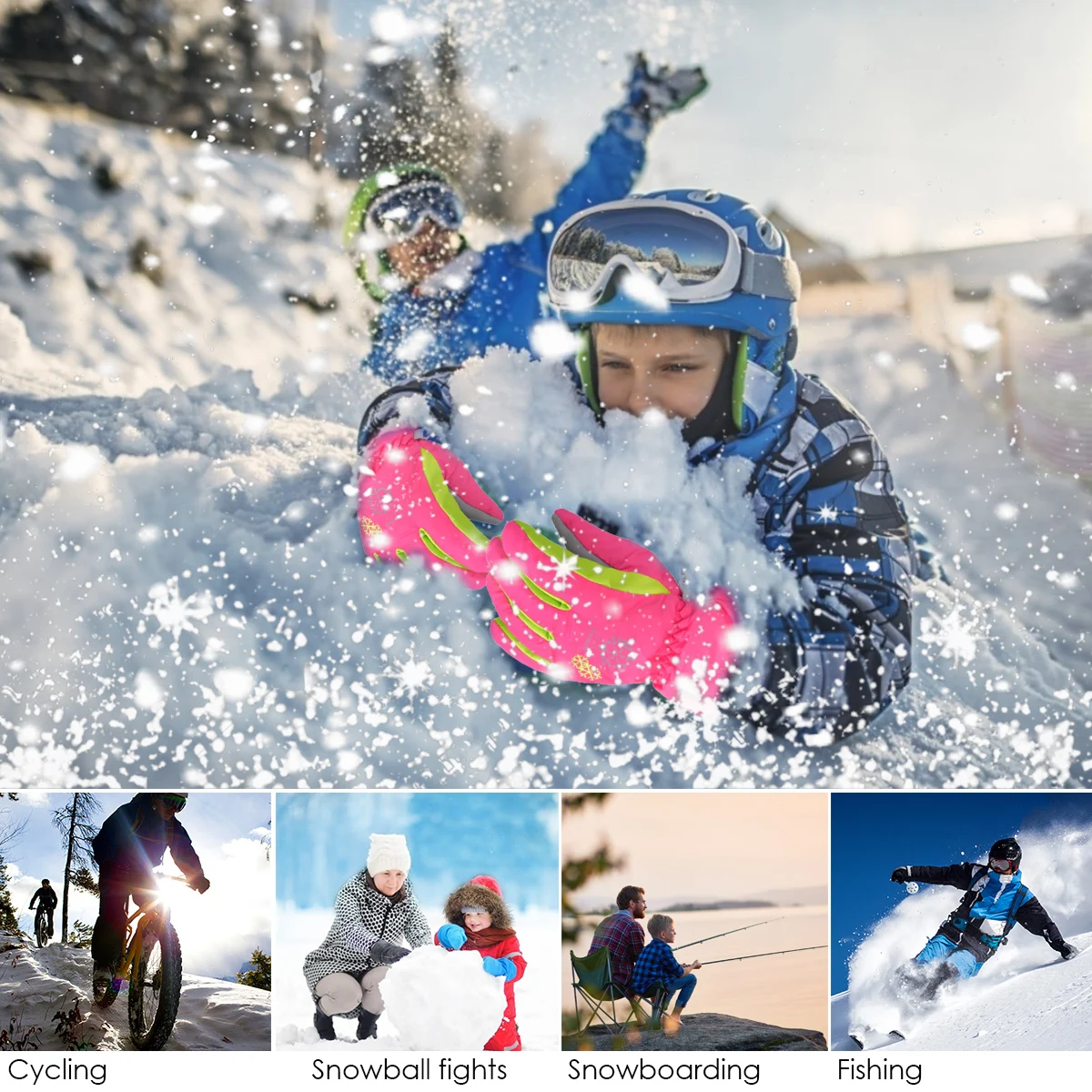 Puseky Children Kids Boys Girls Gloves Outdoor For Winter Warm Waterproof Windproof Thick Ski Glove Cartoon snowflake