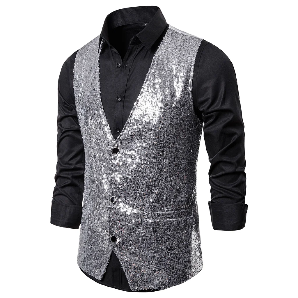 Adisputent Autumn Men Sequin Blazers Vest Gliter Suit Vest Nightclub DJ Stage Shiny Gold Sequin Bling Glitter Vest S-XXL