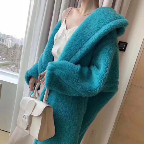blue 2 Стиль SJ1054 пальто из натурального меха Женское зимнее длинное пальто с капюшоном на пуговицах из натуральной шерсти овечья шуба женская теплая куртка из натурального меха - Цвет: blue 2