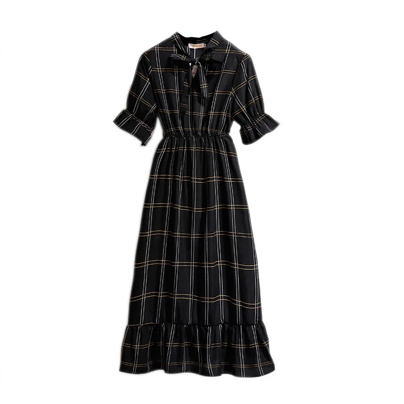 

Plus Size Women Plaid Dress Spring and Summer Bow Decoration Short Puff Sleeve Vintage Lattice Ruffles Loose Lace-up Dress