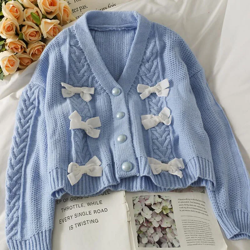 

New Bow Sweet V-neck Knitted Cardigan Solid Color Chic Pearl Button Sweater Women 2021 Autumn Loose Long Sleeve Short Coat
