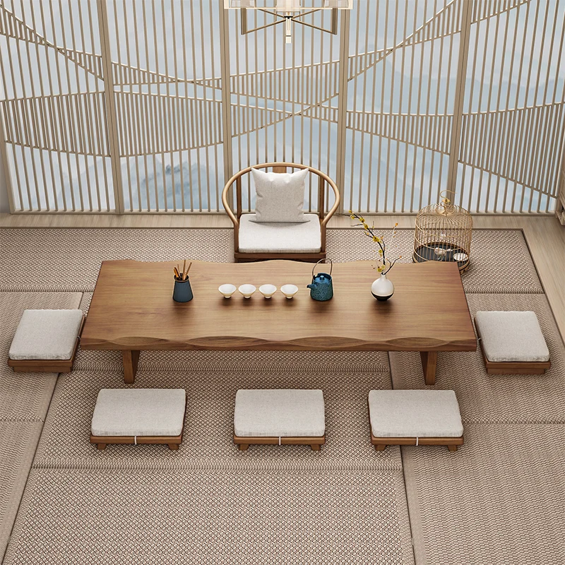 2023 New Modern Chinese Tea Table and Chair Combination Solid Wood Piano Table For Balcony Floating Window Zen Low Stool