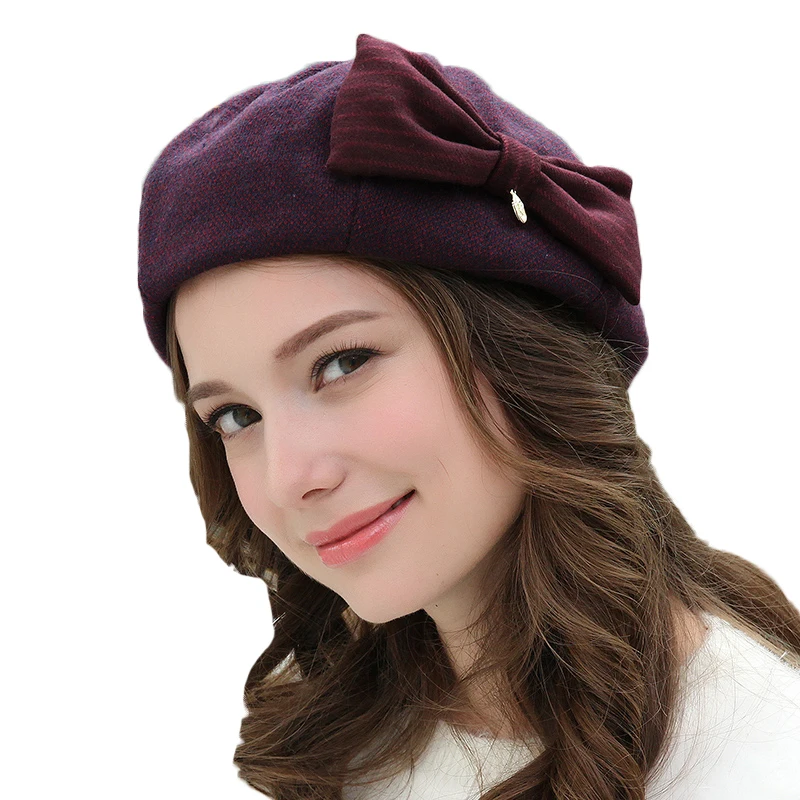 Purple beret FS элегантный женский шерстяной смешанный берет с узлом-бабочкой, модные теплые зимние шапки серого, фиолетового, коричневого цвета, женские плоские шапки - Цвет: Purple beret