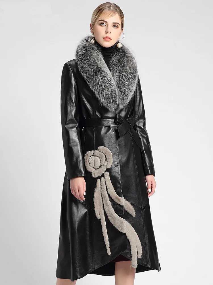 AYUNSUE/куртка из натуральной кожи, зимняя куртка для женщин, Длинные пуховики с воротником из натурального Лисьего меха, натуральная овчина, пальто MY3819