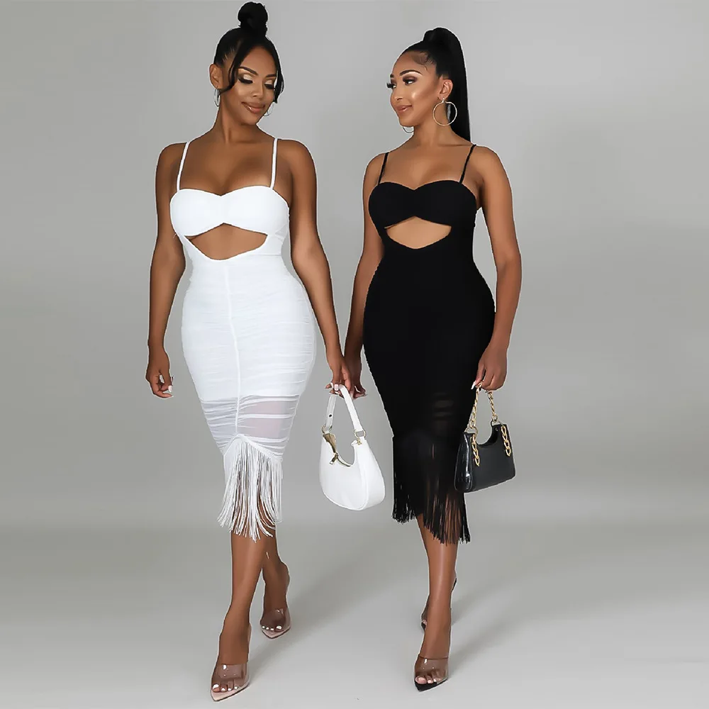 

SKMY Solid Color Sexy Club Outfits Spaghetti Strap Sleeveless Hollow Out Tassel Bodycon Zipper Midi Dresses For Women 2023