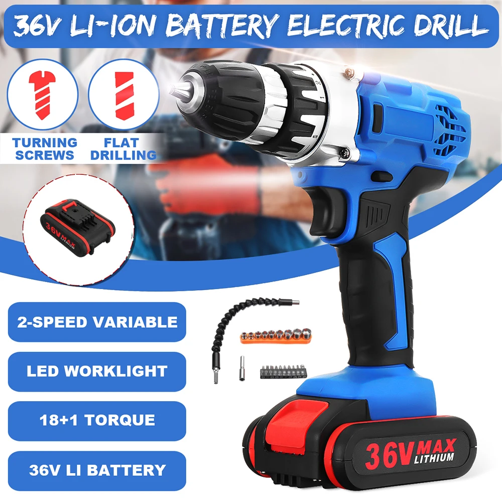 

Cordless Electric Drill + Bit Accessories 36V Electric Drill 18+1 Speed Torque Adjustment Li-ion Battery + LED lights