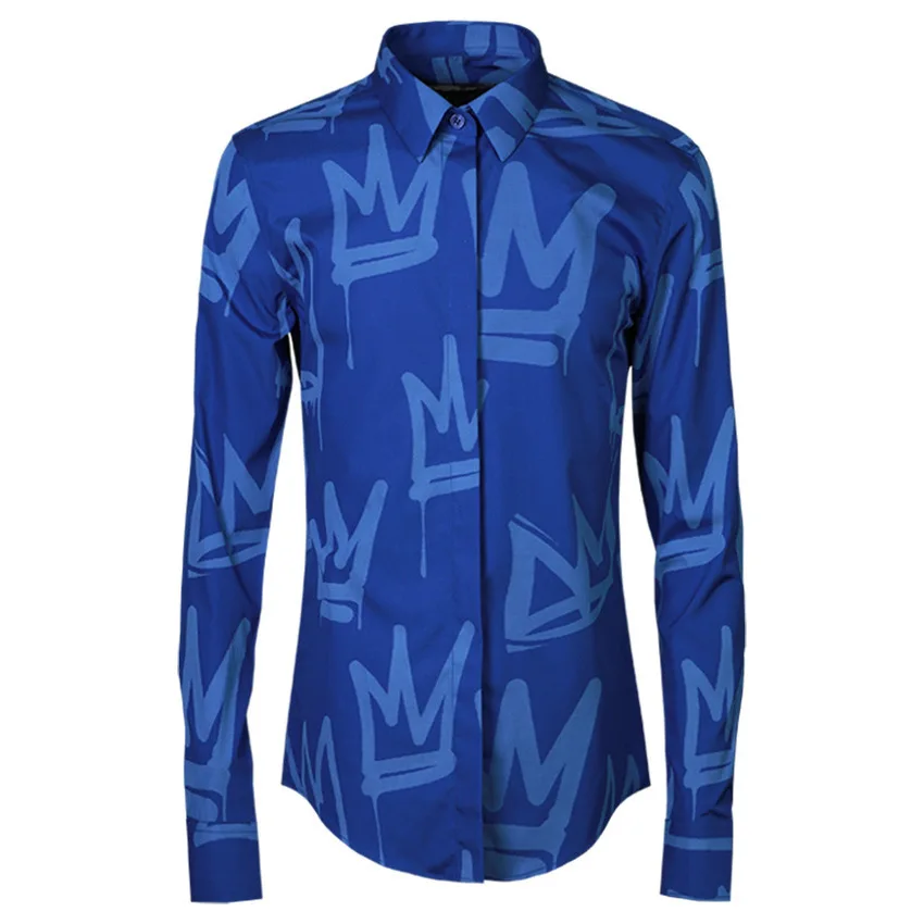 

Men Luxury Original Brand Allover Printed Crown Design Dress Shirt Fashion Trend Mens Shirts Casual Slim Fit
