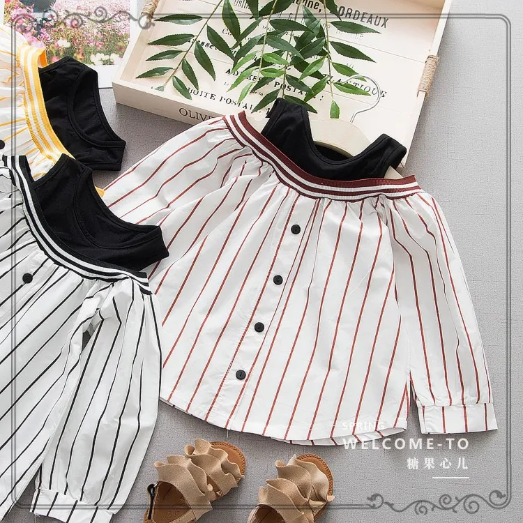 Летняя модная детская одежда в Корейском стиле; рубашка для девочек; детская хлопковая дышащая рубашка в полоску; рубашка без бретелек