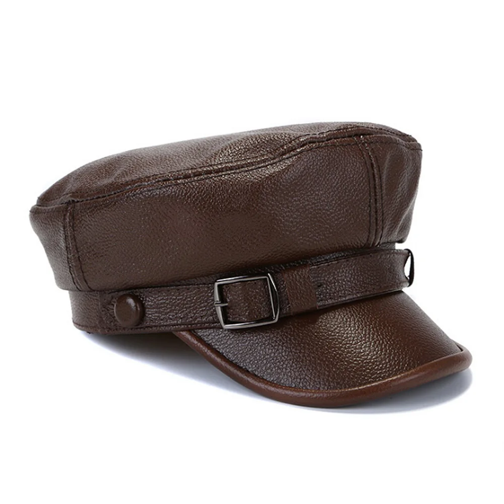  [AETRENDS] Winter 100% Leather Military Hats for Men Flat Cap Dad Hat Genuine Leather Captain Army 