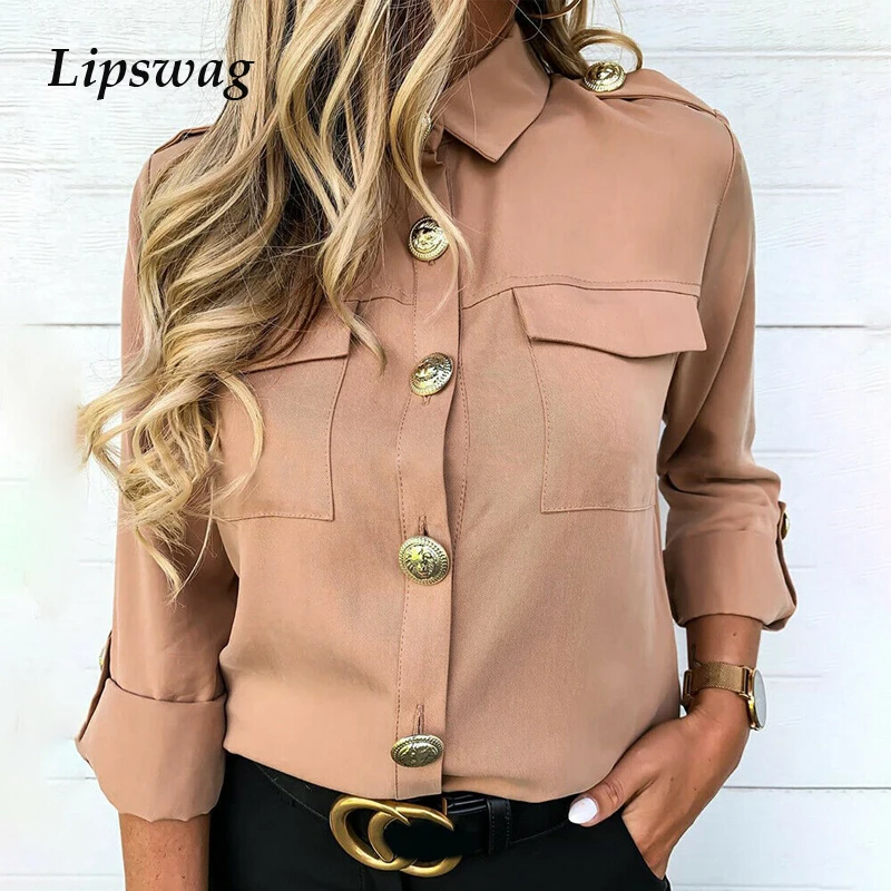 Женская Повседневная блуза на пуговицах с карманами, Офисная Женская ...