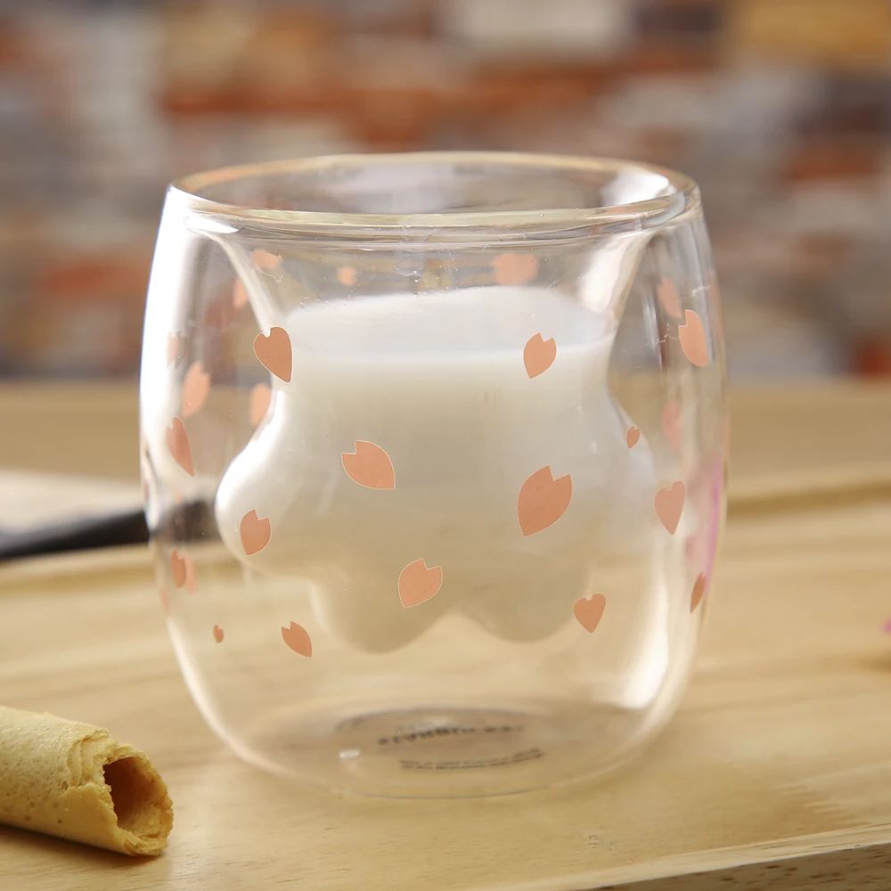 Новинка! двухслойная стеклянная чашка с кошачьей лапой, кружка для молока, пивная кружка, вишневая, розовая, прозрачная, двойная стеклянная чашка с кошачьей лапой
