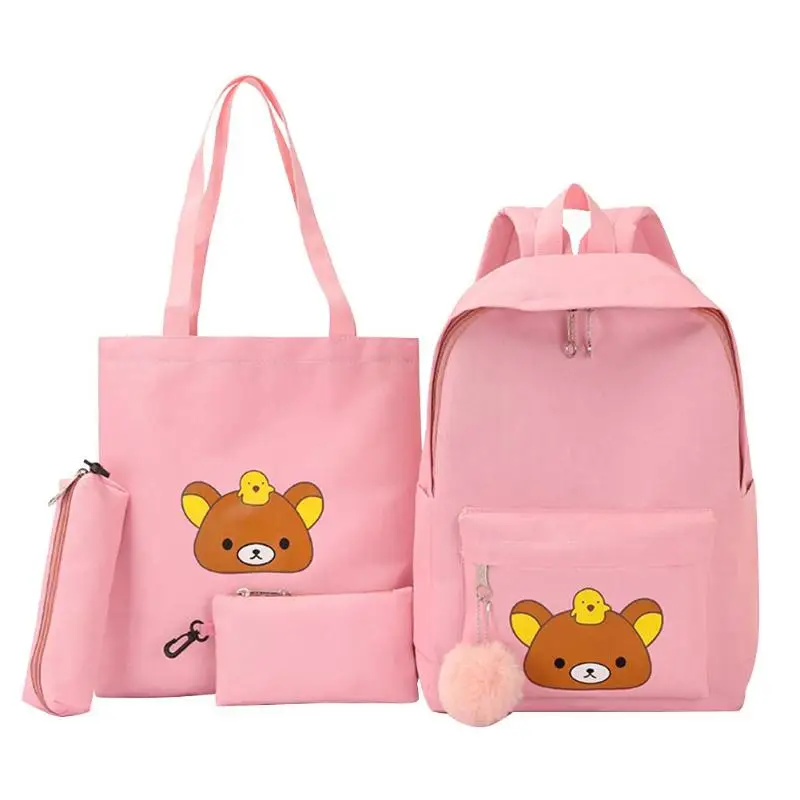 4pcs/set Bear Print Composite Bags Backpacks Women Big Totes Clutch Pen Bag Backpack Zipper Travel Shoulder Bag For Teenage Girl - Цвет: Розовый