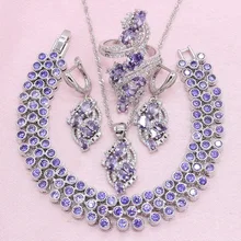 925 серебряные ювелирные наборы для женщин, Новое поступление, фиолетовый кубический цирконий, браслет, серьги, ожерелье, кольцо, Свадебный Рождественский подарок