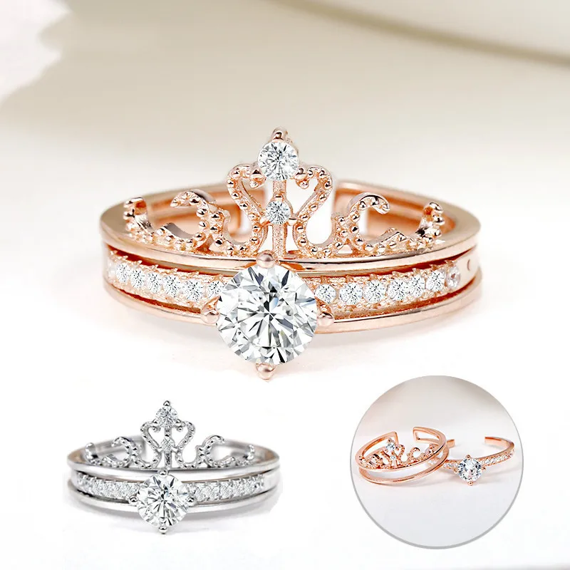 ЦИРКОНИЕВЫЕ кольца в форме короны для женщин, серебро/розовое золото, два в одном, кольцо, регулируемое кольцо на палец, женское свадебное ювелирное изделие, подарок
