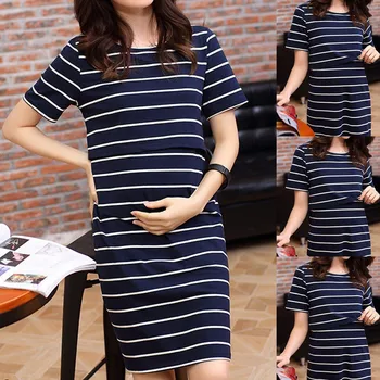 

2020 Summer Nursing Dress Women Breastfeeding Maternity Clothes For Pregnant Woman Short Sleeve Cotton Striped Dresses #LR1