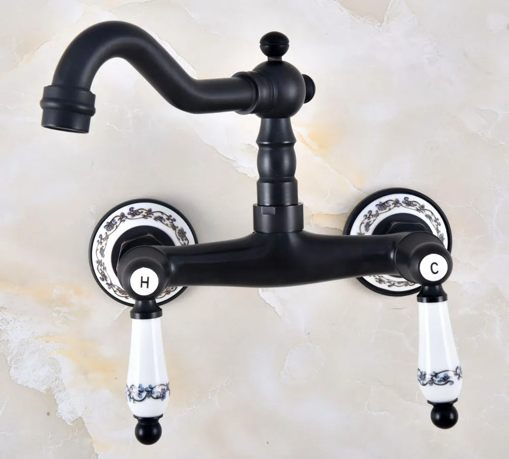 Kitchen Wet Bar Bathroom Vessel Sink Faucet Black Oil Rubbed Brass Wall Mounted Swivel Spout Mixer Tap Dual Ceramic Lever mnf829