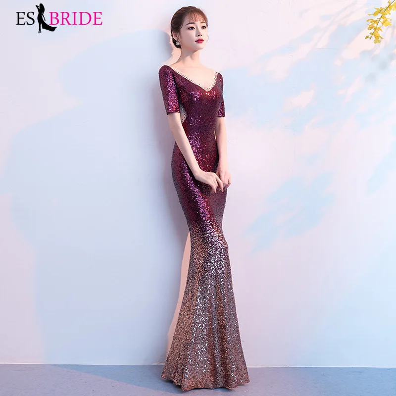 

Elegant Burgundy Evening Dresses Long ES30039 Sequined Velour V-Neck Off Shoulder Sparkle Evening Gowns Avond Jurk
