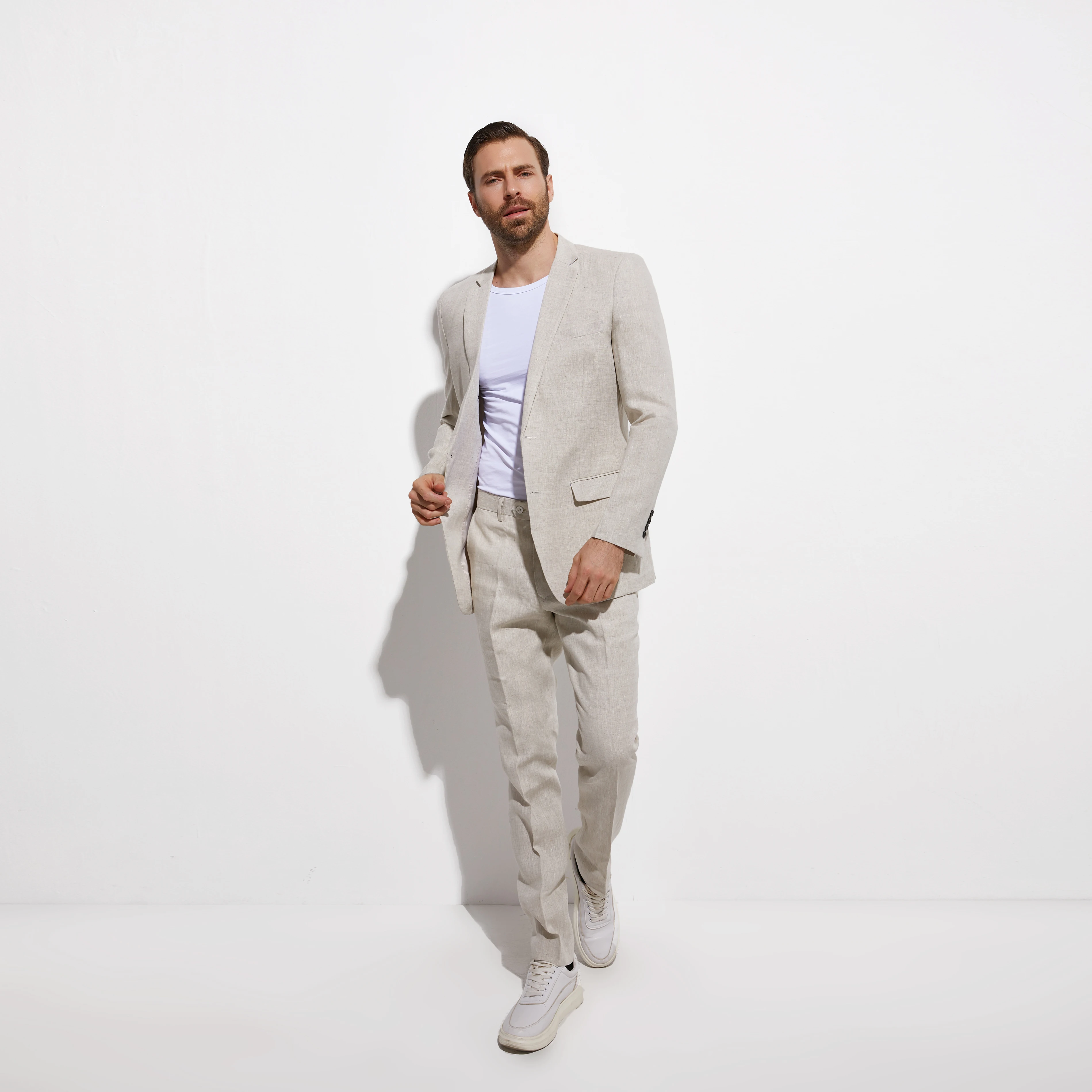 Ideal Sand Grey Linen Suits Men Custom Made Suits Gray Slim Fit Summer Beach Tailored Wedding Suits For Men Breathable MTM Suit