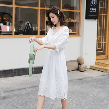 

Hollow Out White Deep V Neck Ruffle White Lace Summer Dress Women Vacation Beach Sexy Dress Flare Sleeve Backless Elegant Dress