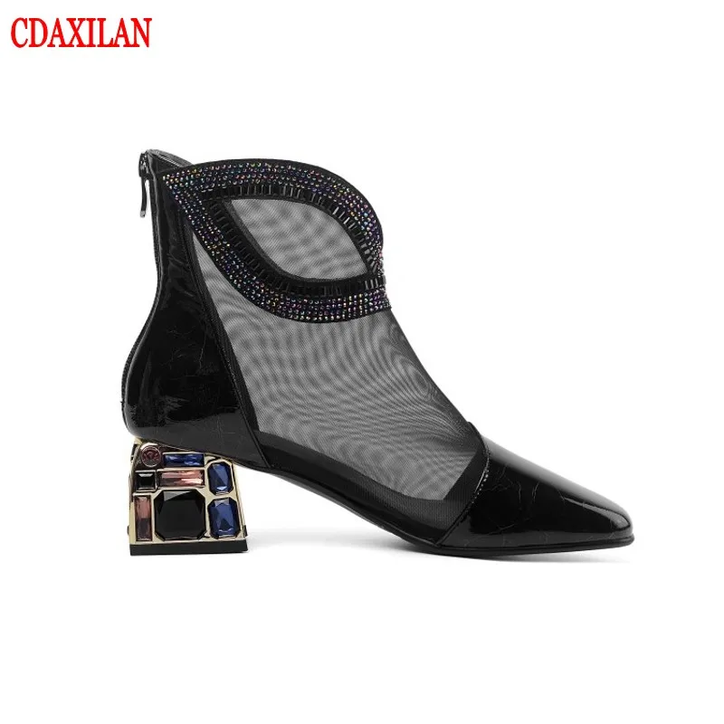 CDAXILAN new to women's ankle boots Patent leather whit breathable mesh Mid-heels back zipper Martin boots for spring summer